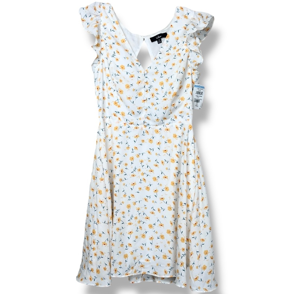Lulus Strike A Posie White Floral Open Back Short Sleeve Flowy Mini Dress Medium - Picture 4 of 9